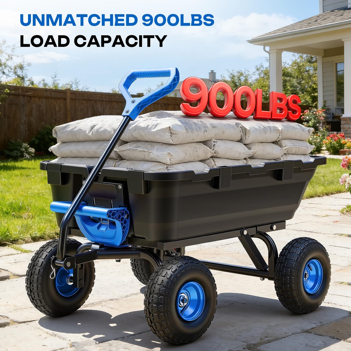 Ultym Garden Dump Cart 900Lbs, 2026 Upgraded Heavy Duty Wheelbarrow Dump Wagon with 10" Non-Slip Pneumatic Tires & Quick-Release Dumping, 4-Wheel Steel Frame Utility Carts for Yard,Farm and Garden