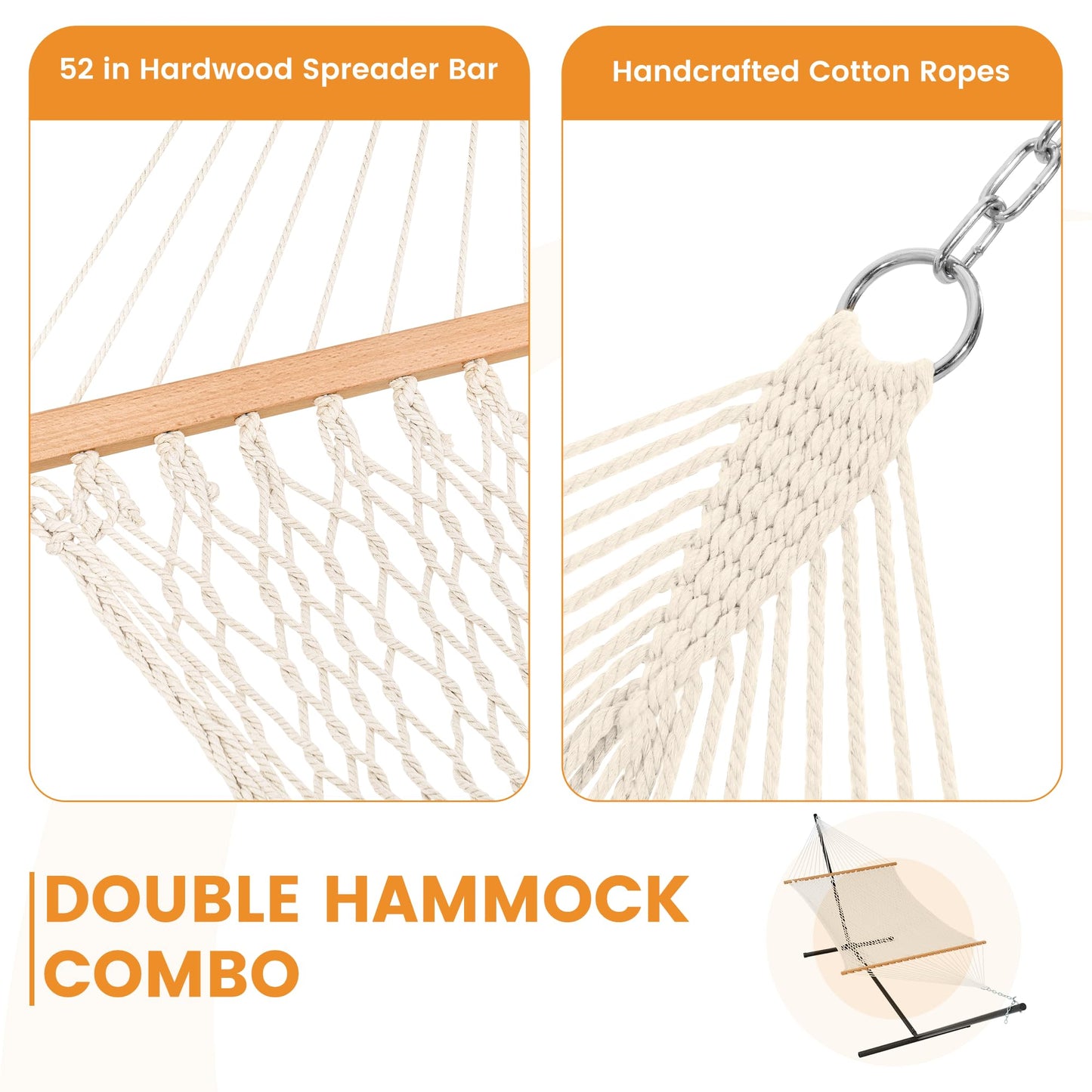 Lazy Daze Hammocks Rope Hammock with Pad, Spreader Bar, Carabiners, Tree Straps, Chains for Outside Patio- Max 450 Lbs, Light Grey Stripes
