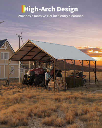 GarveeLife 20x25 ft Vertical Roof Metal Car Port, with 120° Steep-Pitch Roof for Snow Shedding, 173" High-Clearance RV & Tractor Shelter, Heavy-Duty 2 Cars Car Port with Reinforced Frame