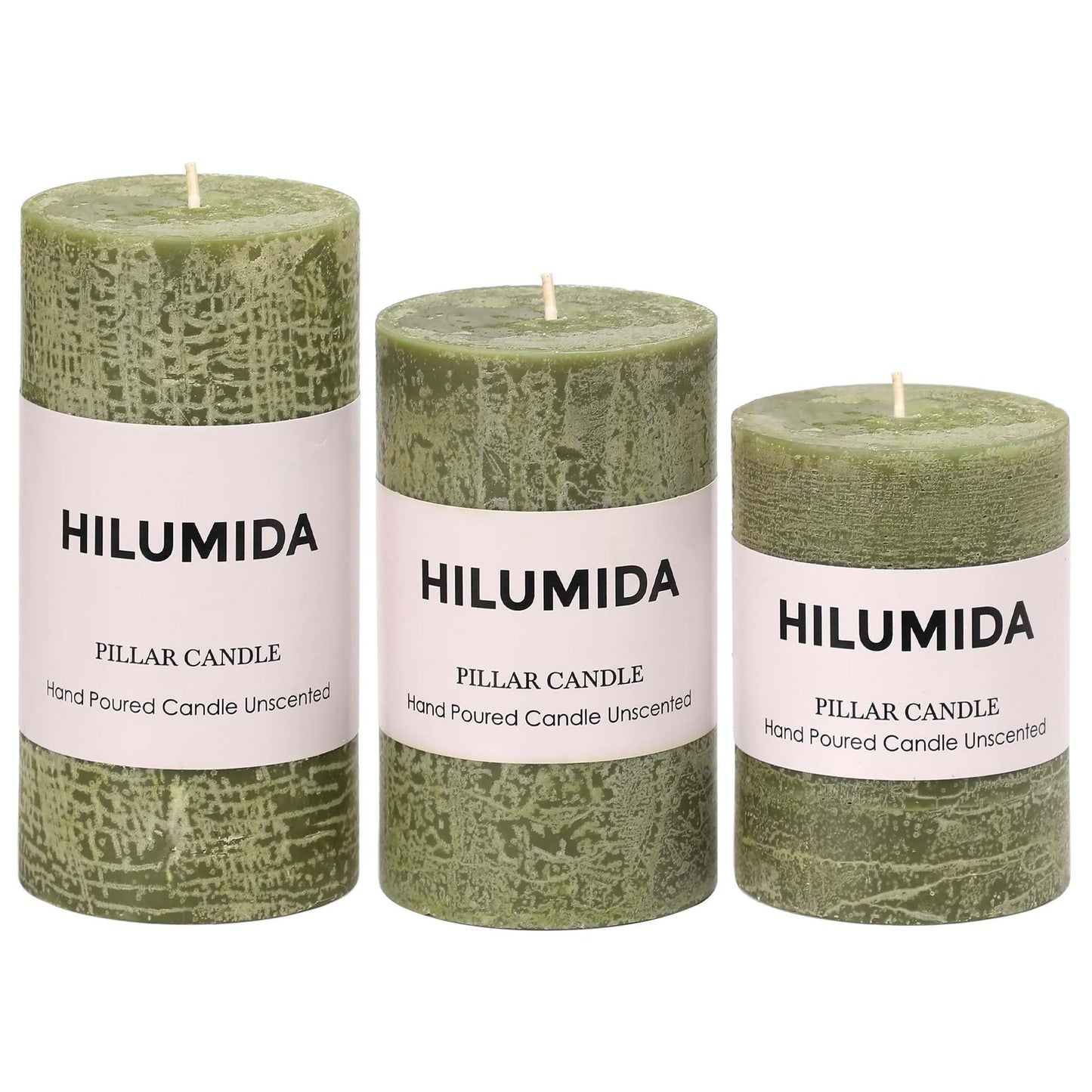 Moss Green Pillar Candles Set of 3 - Hand-Poured Unscented Candles,Smokeless Dripless Candles for Dinner Table and Home, Set of 3 in Different Sizes (3"x4", 3"x5", 3"x6")