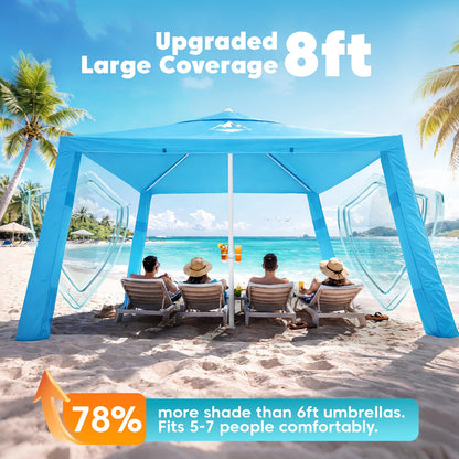 Purebox Beach Tent Shade Canopy - 8 * 8FT UPF50+ Beach Umbrella Sun Shelter 3Min Setup for 8 Person Cabana Tent with Sand Pockets Removable Side Walls Instant Sun Shade for Family, Camping, Fishing