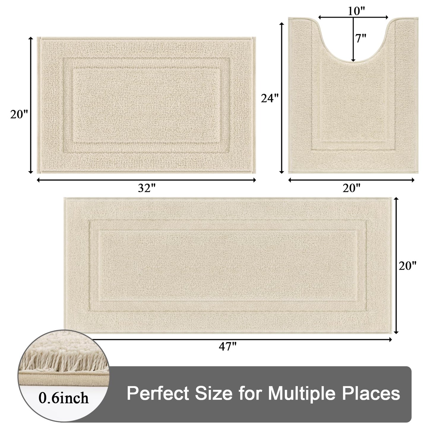 SHACOS Soft Fluffy Bathroom Runner Rugs Set of 3 Bath Mats with U Shape Toilet Rugs Non Slip Washable Bath Rugs Absorbent Bathroom Carpet for Shower Tub, Light Beige