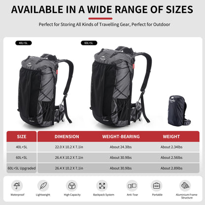 Naturehike 65L Rock Upgraded Internal Frame Hiking Backpack for Outdoor Camping Travel Backpacking with Rain Cover Ultralight Backpack for Adults