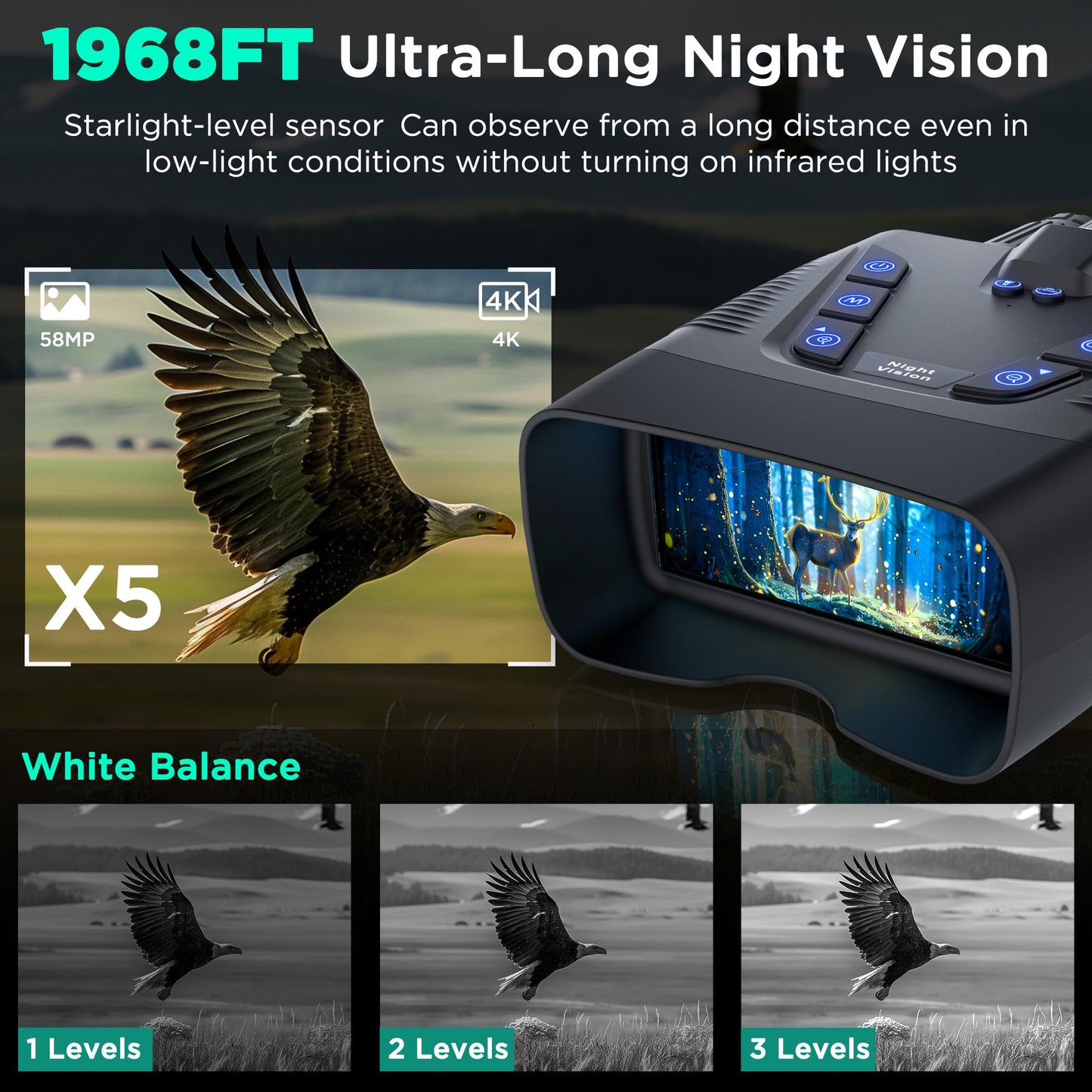 4K Night Vision Goggles, 58MP Full-Color Night Vision Binoculars with 10000mAh Rechargeable Battery, 64GB Card, 3.99" Screen and 1968FT Viewing Range for Camping Hunting & Security