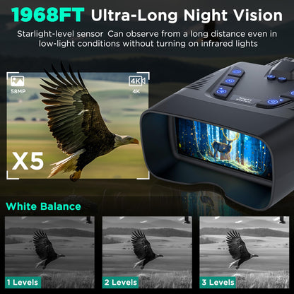 4K Night Vision Goggles, 58MP Full-Color Night Vision Binoculars with 10000mAh Rechargeable Battery, 64GB Card, 3.99" Screen and 1968FT Viewing Range for Camping Hunting & Security