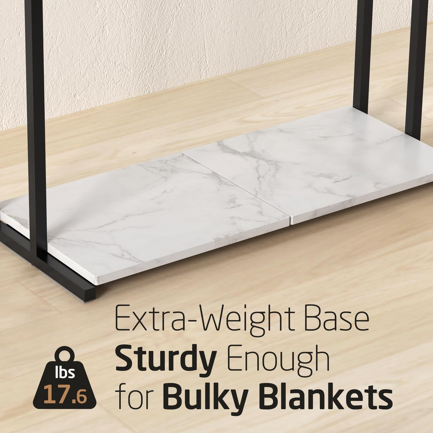 KES Extra Large Free Standing Towel Racks for Bathroom with Anti Wobble Base, 44 Inch Blanket Rack, 3-Tier Blanket Holder for Living Room with Weighted Marble Shelf & 4 Hooks, Matte Black, BTH504-BK