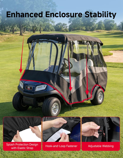 KEMIMOTO 2 Passenger Golf Cart Enclosure, Universal 2 Seat Golf Cart Rain Cover with Clear TPU Windshield, 600D Waterproof Weather Enclosure, Compatible with EZGO, Club Car