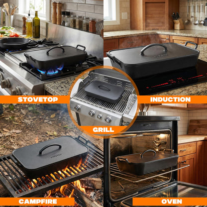 Onlyfire Cast Iron Dutch Oven, Casserole Dish with Skillet Lid & Handle for Induction, Gas & Oven, Baking Pan Griddle Pot Set for Stewing, Searing & Bread Baking, 16.5"x10.5"x7"
