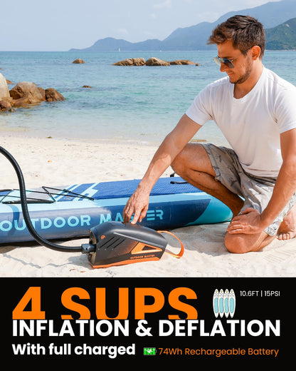 OutdoorMaster Shark 3 Paddle Board Pump Electric - 3'50" Fast Inflation, 20PSI 74Wh Rechargeable SUP Air Pump- Auto-Off & Deflation, 12V/15.8V DC & Type-C Input, 8 Nozzles for Inflatables, Boats,Kites