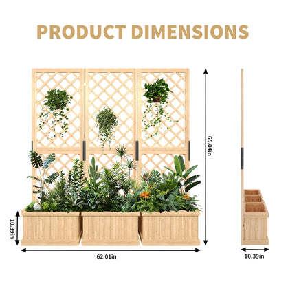 Cedar Privacy Screen with Planter Box - 3-Panel Freestanding Garden Fence, 62 in x10 in x65 in Tall Outdoor Divider with Drain Holes & Raised Bed for Patio, Deck & Backyard (Natural Wood)