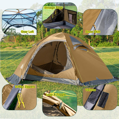 Camppal 2 Person Backpacking Tent, Waterproof 4 Season Tent, Windproof Rainproof Cold Weather Winter Tent for Camping, Hiking, Hunting, Motorbiking, Cycling - Khaki