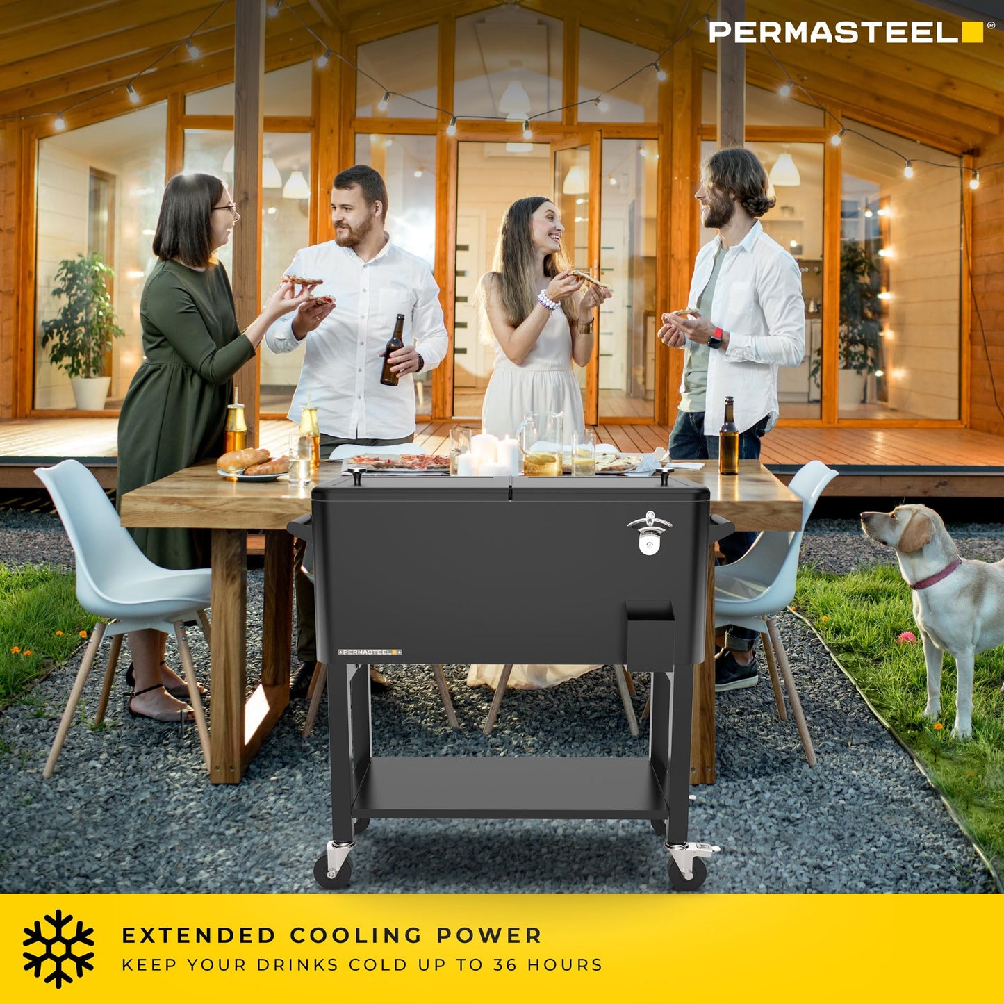 Permasteel Party Cooler with Divider, Removable Basin, Spacious 80-Qt Capacity, Chills 36hrs, Serving Tray, Rolling Ice Chest for Indoor & Outdoor, Matte Black