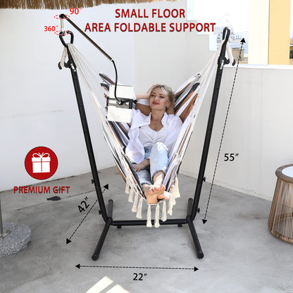 ZEYU Hammock Chair with Stand Double Hammock Chair Bohemian Style with Tassel Mobile Phone Support Manual Adjustable Swing Indoor and Outdoor Garden Porch with Floor mat Reclining Capacity 400 pounds