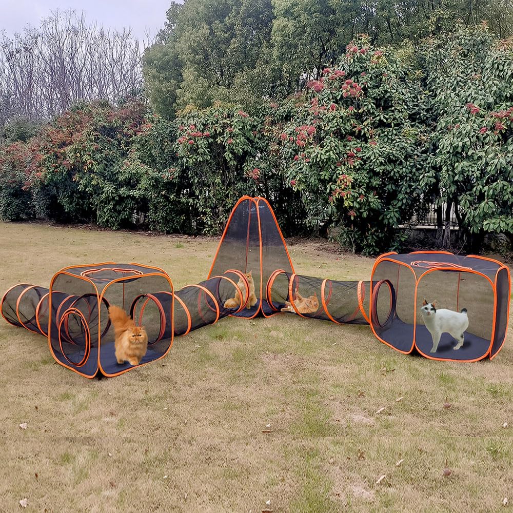 Portable Outdoor Cat Enclosure with Tunnels 6-in-1 Upgraded Reinforcement Pet Playpen Tent House Cage DIY in Multiple Ways for Inside/Outside Rabbits Ferrets Puppy and Small Animals