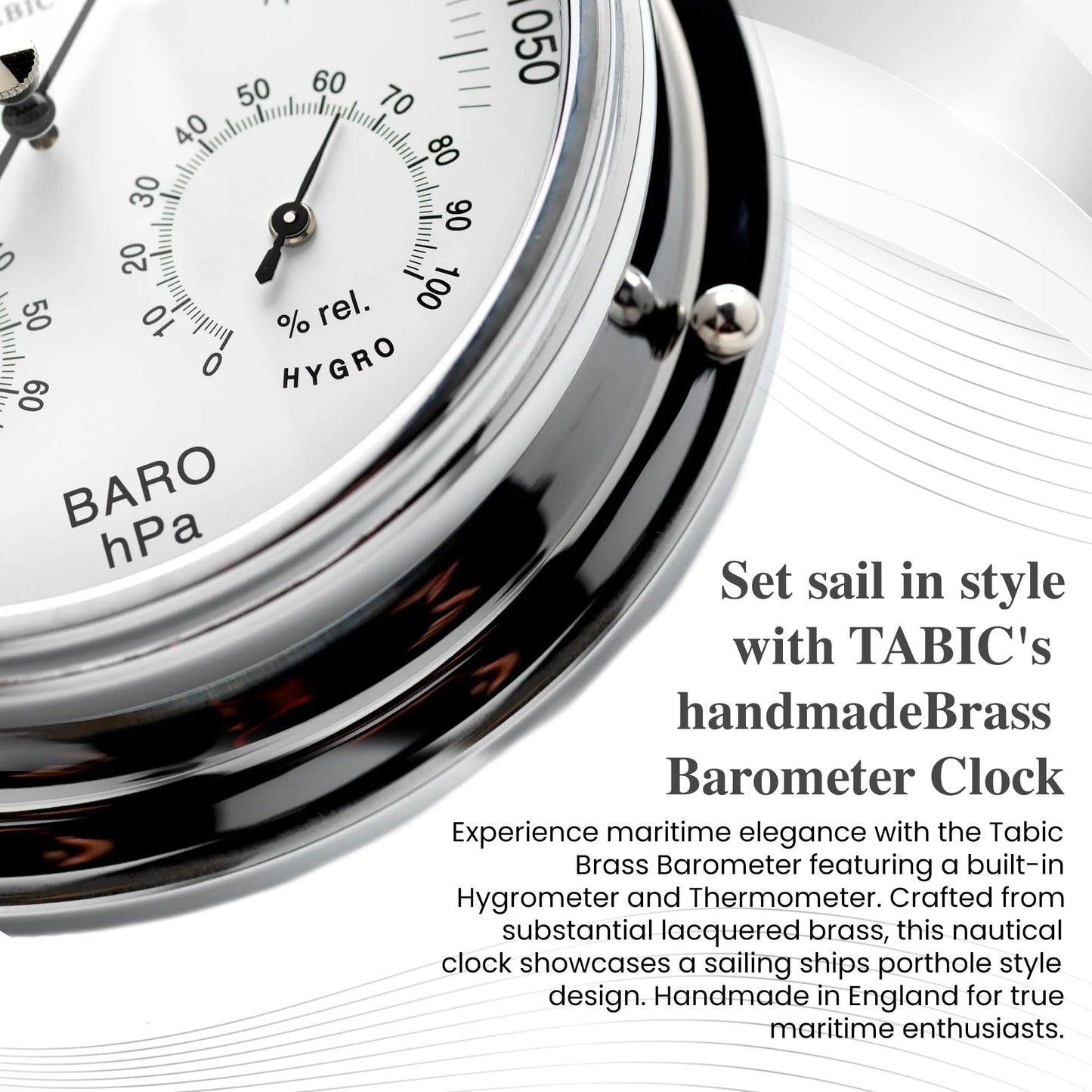 Tabic Chrome Barometer with Built-in Hygrometer &Thermometer - Analog Weather Station for Home & Outdoor Use - Handmade in England - Heavy Chrome Plated Brass Case (1/2kg), 6in x 2in