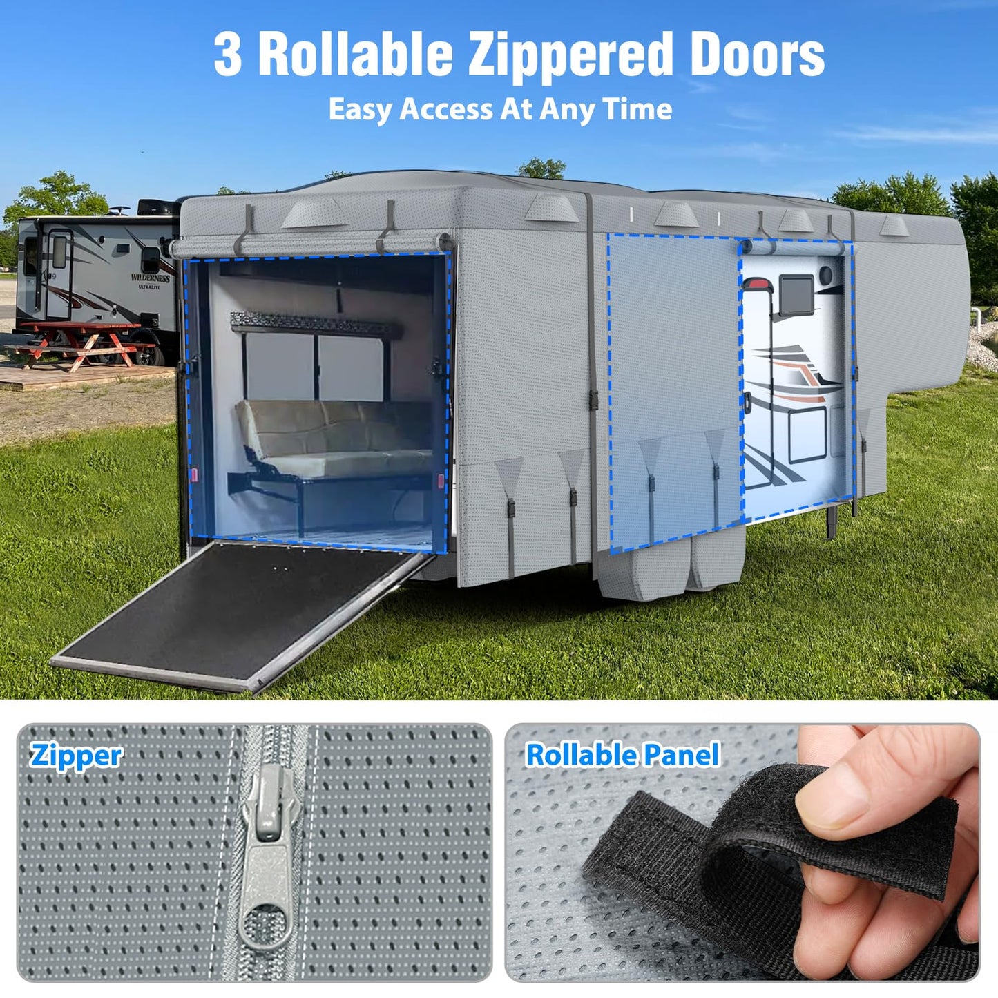 Mofeez 5th Wheel RV Cover 29-33ft, 7 Layers Top Extra-Thick Fifth Wheel Cover, Waterproof Windproof Anti-UV Rip-Stop Toy Hauler Camper Cover with 3Pcs Extra Straps, 6 Gutter Covers & 4 Tire Covers