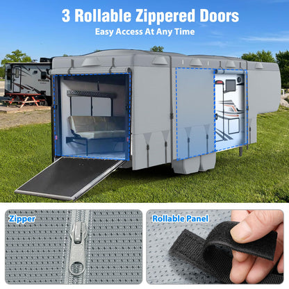 Mofeez 5th Wheel RV Cover 29-33ft, 7 Layers Top Extra-Thick Fifth Wheel Cover, Waterproof Windproof Anti-UV Rip-Stop Toy Hauler Camper Cover with 3Pcs Extra Straps, 6 Gutter Covers & 4 Tire Covers