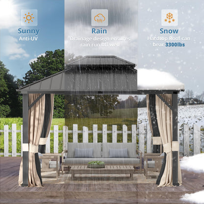LUE BONA 12'x12' Gazebo Hardtop Gazebos, Double Galvanized Steel Roof and Aluminum Frame Permanent Pavilion with Dual Curtains, Outdoor Metal Roof Gazebo for Patio, Garden, Backyard, Black