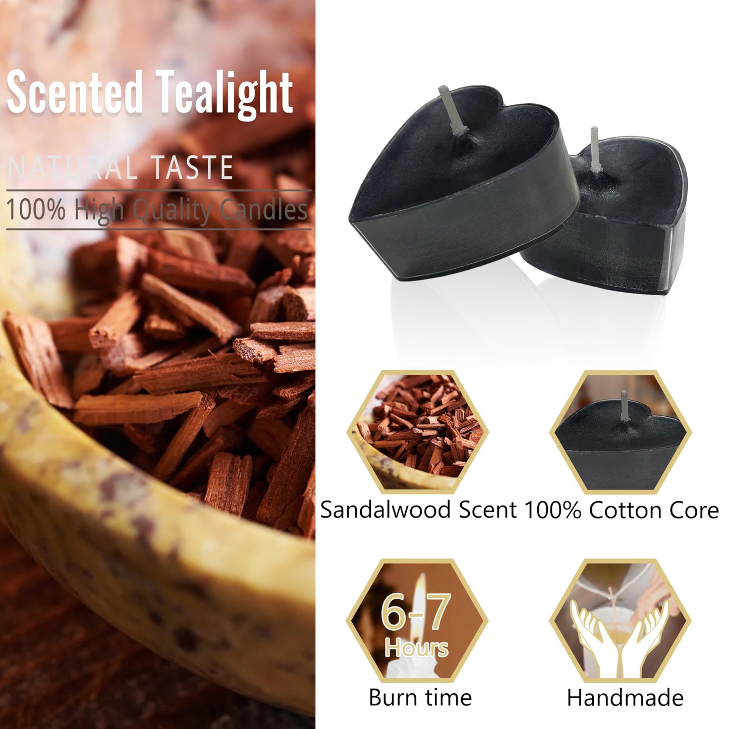 Tea Lights Black Heart Tea Candles Set of 24 – Tealight Candles with Sandalwood Scent, Long Burning Handmade Tealights for Wedding Meditation Home Decor Gift