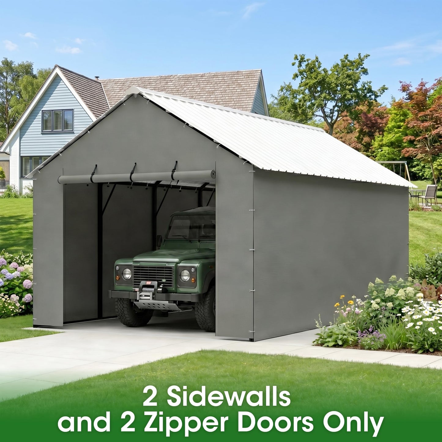 ELUZENE 2 Packs Metal Carport Sidewalls & 2 Pack Zipper Doors for 20'x20' Metal Carport, Waterproof UV Protected, Easy Assembly with Ball Bungees, Grey (Frame & Top Cover Not Included)