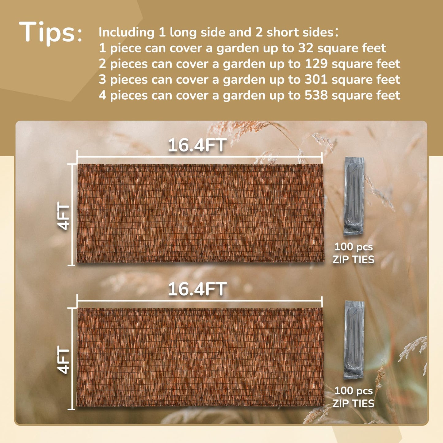 SHYDZYYC Brown 2 Pack 4FT X 16.4FT Reed Fencing Roll, Balcony Privacy Shade Reed Bamboo Fencing Garden Fence Border, Wind Block Sunshade Fence Screen for Outdoor Yard Patio Flower Bed Edge