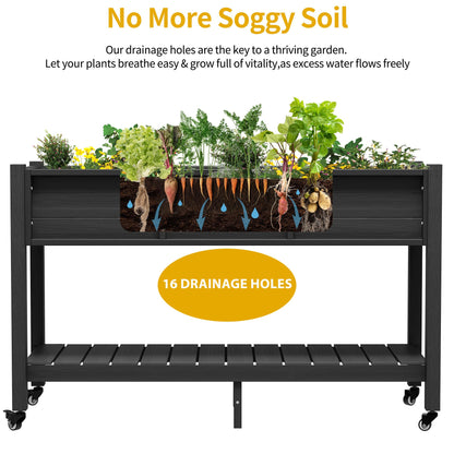 DWVO 47x18x31in Raised Garden Bed Outdoor HDPE with Legs and Lockable Wheels, Weather-Resistant Poly-Wood Elevated Planter Box, Double Tier Planters for Backyard Patio Balcony, Black