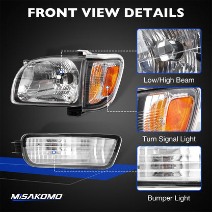 Headlight, Tail Light & Fog Light Assembly Compatible with 2001–2004 Toyota Tacoma, Driver & Passenger Side (Headlights w/o, Taillights w/Bulbs), Replaces 81150-04110, 81110-04110