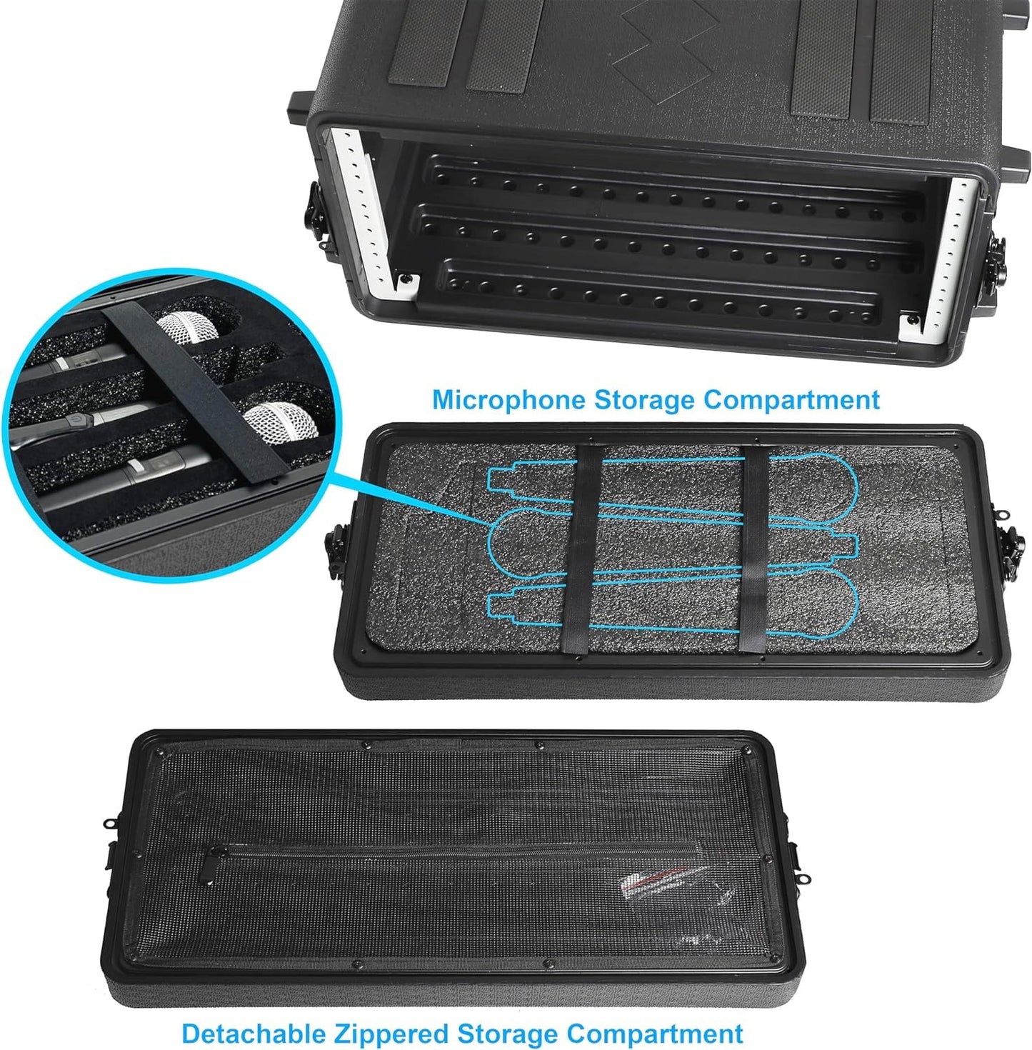 Diandian 4U Rack Case Shallow 16" Depth, 19" Rackmount Flight Case, Watertight Dust-Proof, Shock Mount for Amplifier, Pro Audio, DJ Mixer, Effects with Microphone Compartments