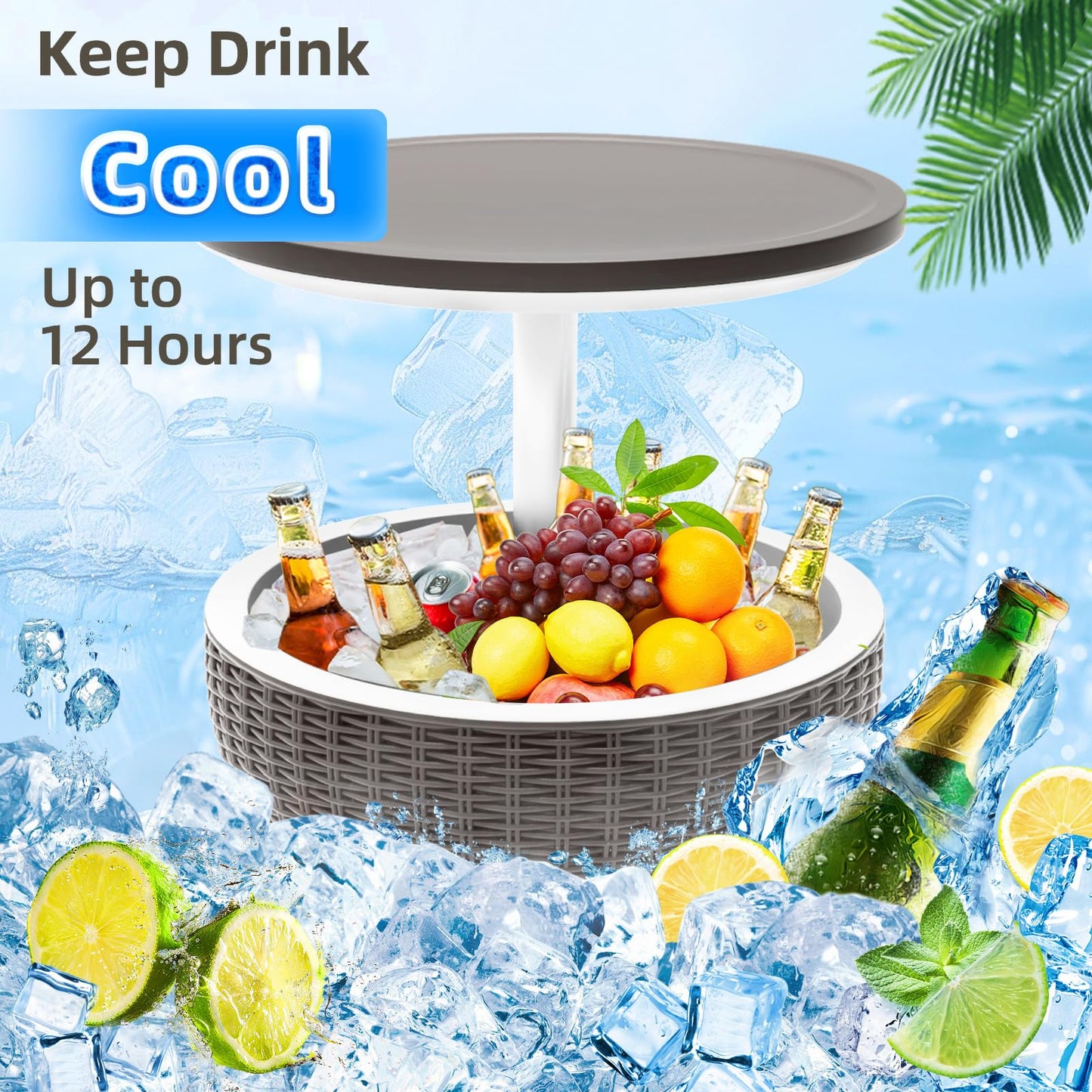 SHAREWIN Patio Cool Bar Table, Height-Adjustable Outdoor Bar Tables 8 Gallon Beer and Wine Cooler, 3-in-1 Rattan Style Ice Cooler with Drainage Plug for Pool Party (Grey)