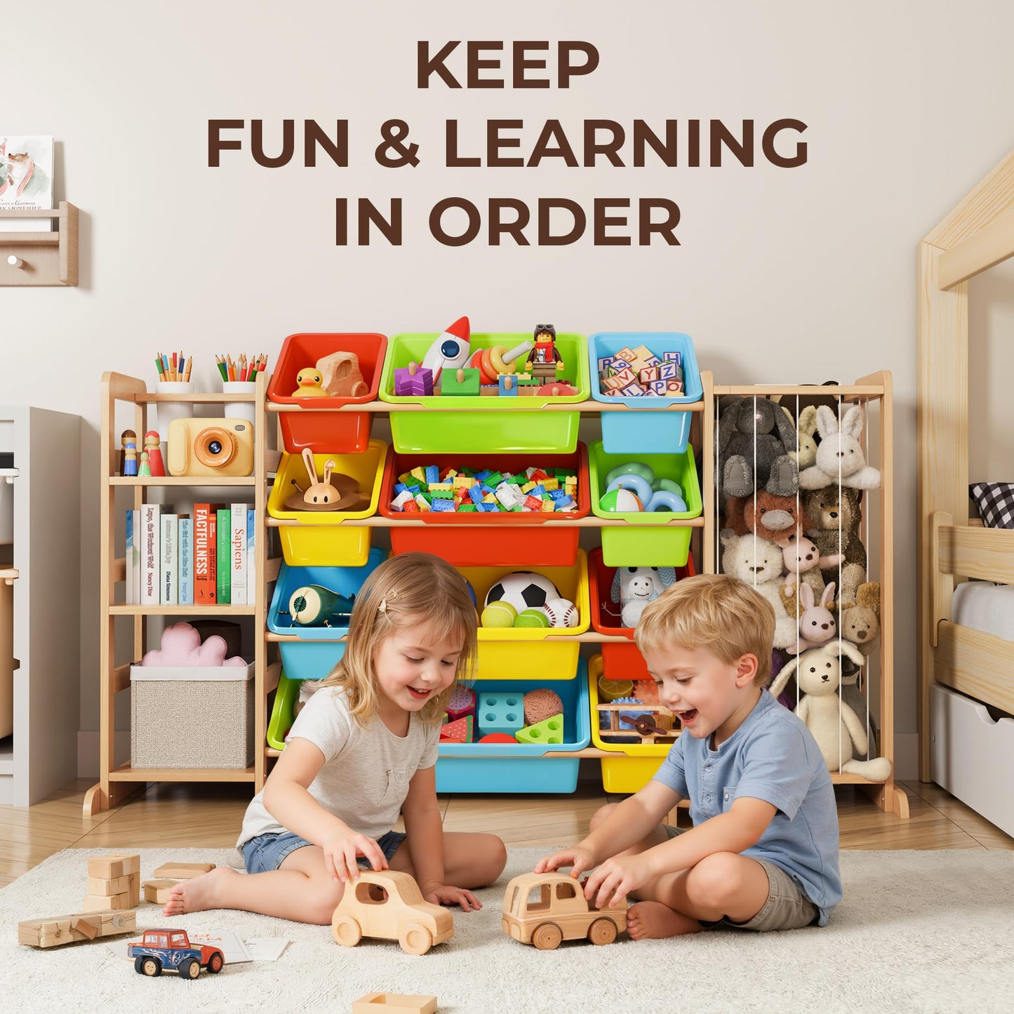 mirolam Toy Storage Organizer with Bookshelf and Stuffed Animal Storage - Playroom Organization with Shelves and 12 Bins - Living Room Box for Lego - Bedroom Decor Essential