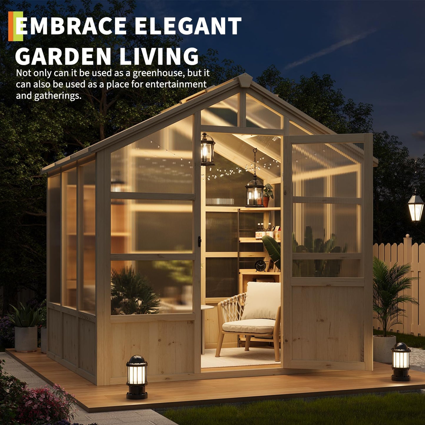6x8FT Greenhouses for Outdoors, Wooden Greenhouse with Lockable Door, Wood Frame & Adjustable Vent, Polycarbonate Panel Heavy Duty Greenhouse for Outside, Garden, Yard, Light Brown