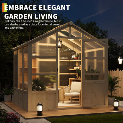 6x8FT Greenhouses for Outdoors, Wooden Greenhouse with Lockable Door, Wood Frame & Adjustable Vent, Polycarbonate Panel Heavy Duty Greenhouse for Outside, Garden, Yard, Light Brown