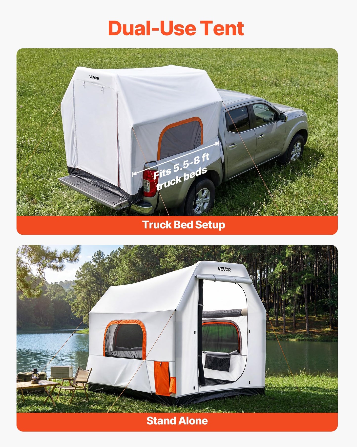 VEVOR Inflatable Pickup Truck Tent, 7.2 x 5.4 FT 3-Season Truck Bed Tent with Ventilated Mesh Windows, PU2000mm Waterproof Pickup Camping Tents for Outdoor Hiking Activities - Air Pump Included