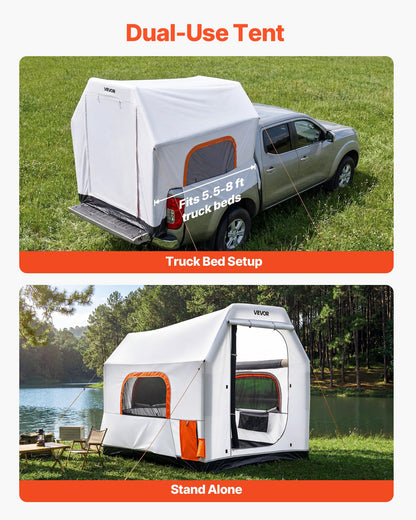 VEVOR Inflatable Pickup Truck Tent, 7.2 x 5.4 FT 3-Season Truck Bed Tent with Ventilated Mesh Windows, PU2000mm Waterproof Pickup Camping Tents for Outdoor Hiking Activities - Air Pump Included