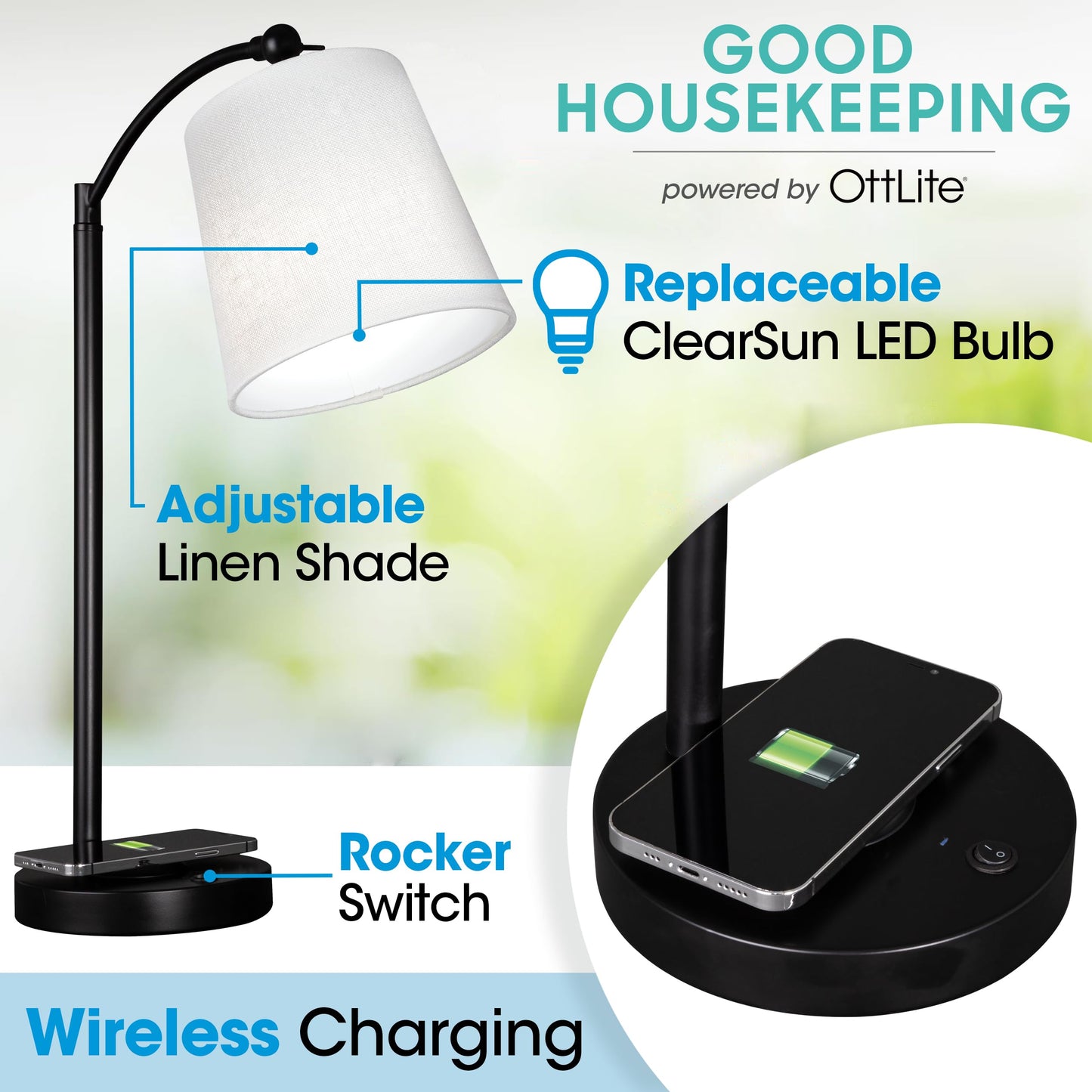 OttLite Good Housekeeping Shaded LED Desk Lamp with Wireless Charging Pad - Designed to Reduce Eyestrain - Adjustable Shade, Replaceable ClearSun LED Bulb, Crafting, Reading Light, Desk Lamp
