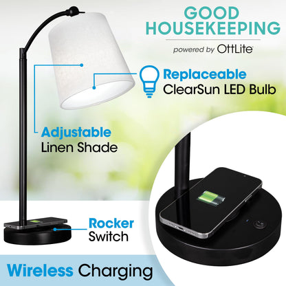 OttLite Good Housekeeping Shaded LED Desk Lamp with Wireless Charging Pad - Designed to Reduce Eyestrain - Adjustable Shade, Replaceable ClearSun LED Bulb, Crafting, Reading Light, Desk Lamp