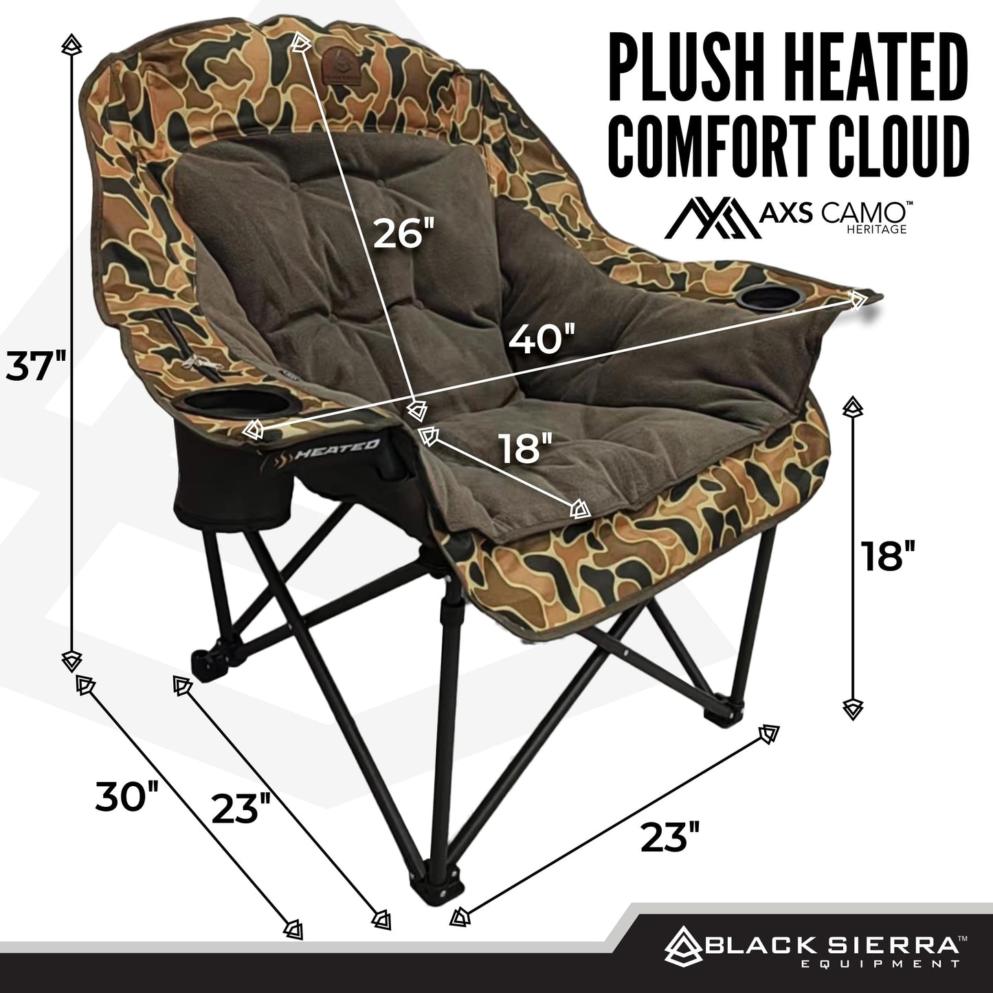 Black Sierra Heated Plush Fleece XL Padded Camping Chair for Adults, Oversized Heavy Duty Folding Seat with 3‑Level Heat & Battery Pack, Supports 400 lbs, Cup Holders & Carry Bag for Camping & RV