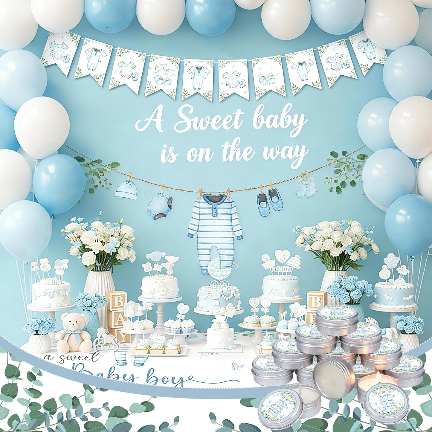 MTLEE 50 Pcs Greenery Baby Shower Scented Candles for Boy Gift Travel Tin Candle Aromatherapy Candle Favors for Winter Baby Shower Favors Wedding Gifts, Compound Scent Essential Oil