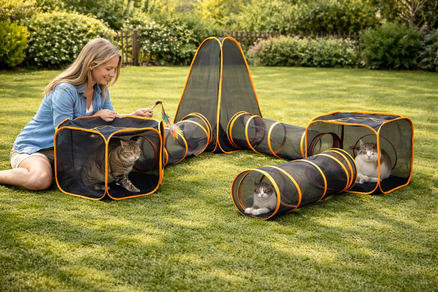 Outdoor Cat Tunnel Playset with Pop-Up Cubes & Tent – Portable Mesh Cat Playpen for Yard, Secure Enclosed Tunnel System for Cats, Kittens, Rabbits & Small Pets