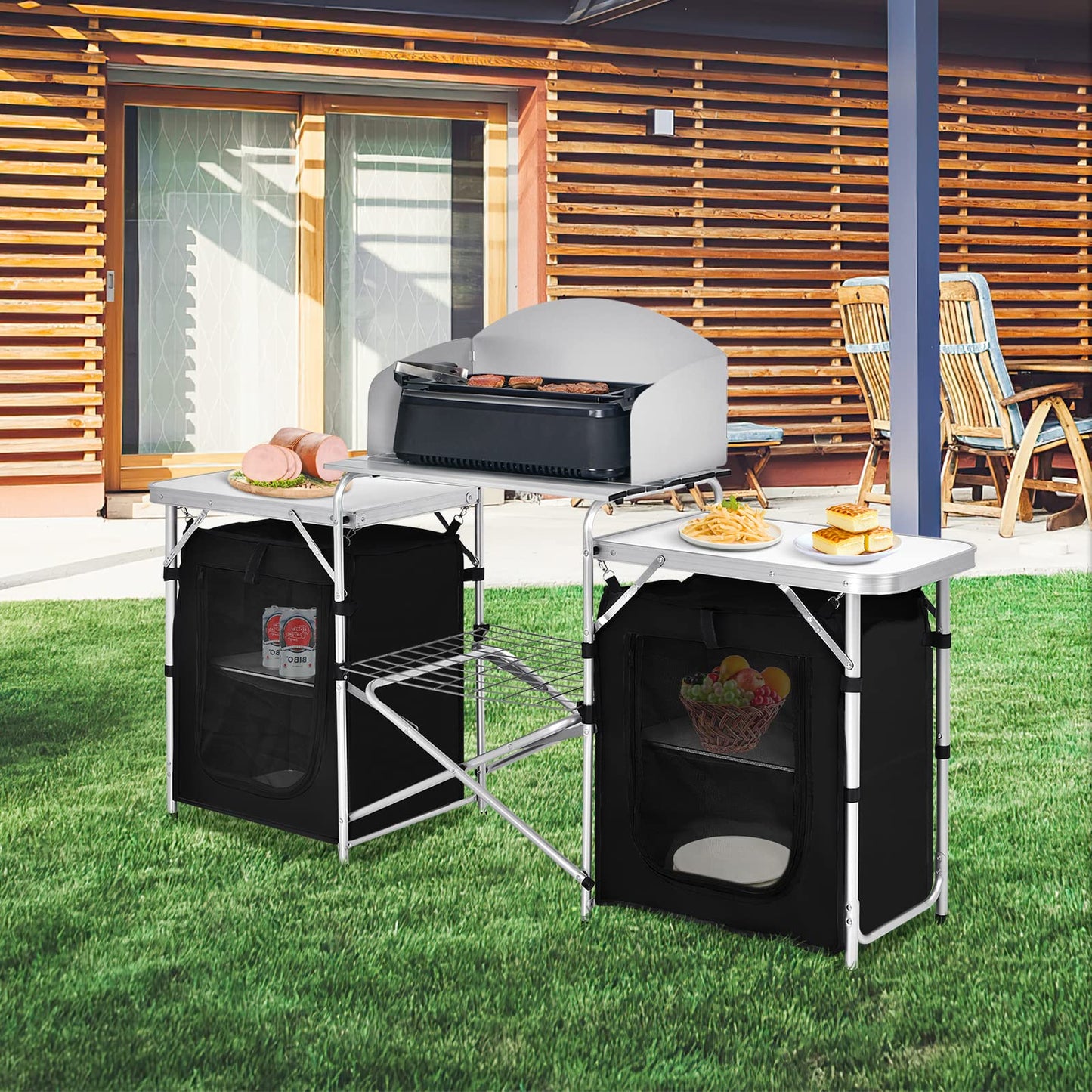 GYMAX Folding Camping Table, Portable Kitchen Table with 2 Zipper Organizer Shelf & Wind Screen, Foldable Cooking Table for Camping Hiking Picnic BBQ (Black)