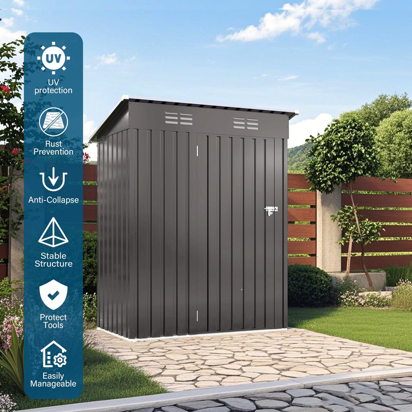 YOPTO 5X3 FT Sheds & Outdoor Storage,Metal Waterproof Tool Sheds with Pitched Roof and Lockable Door,Backyard House Buildings w/Vents,for Garden Sundries Sundries Bike,Gray