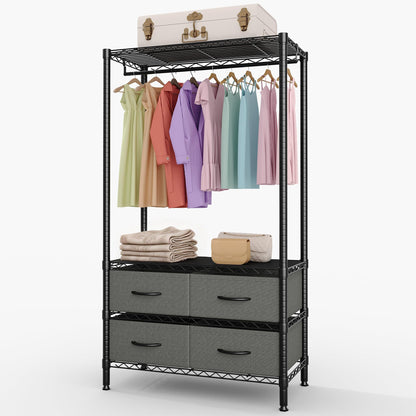 GarveeHome Portable Clothes Rack, Freestanding Garment Rack with 4 Fabric Drawers and Detachable Hang Rod, Metal Adjustable Closet Wire Clothing Racks, 35.4" Lx15.7 Wx71 H. Gray