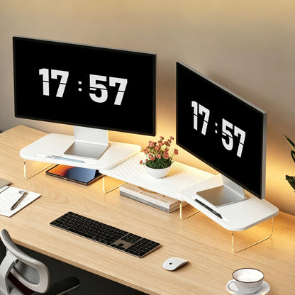 AFOOYO LED Dual Monitor Stand Riser for 2 Monitors,Office Desktop Wooden Stand Adjustable Length and Angle 3 Shelf,Extra Long Multifunctional Stand up to 39.3" for Computer,Laptop,TV,White