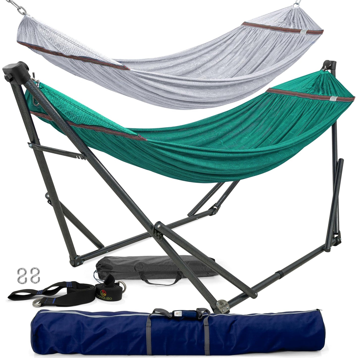 Tranquillo Combo x2 Hammocks with Stand for Outside & Tree Straps, Heavy Duty Hammock with Stand 600lbs for Indoor Outdoor Patio Backyard, x2 Hammocks for 2 Person (Combo - Peacock, Medium)