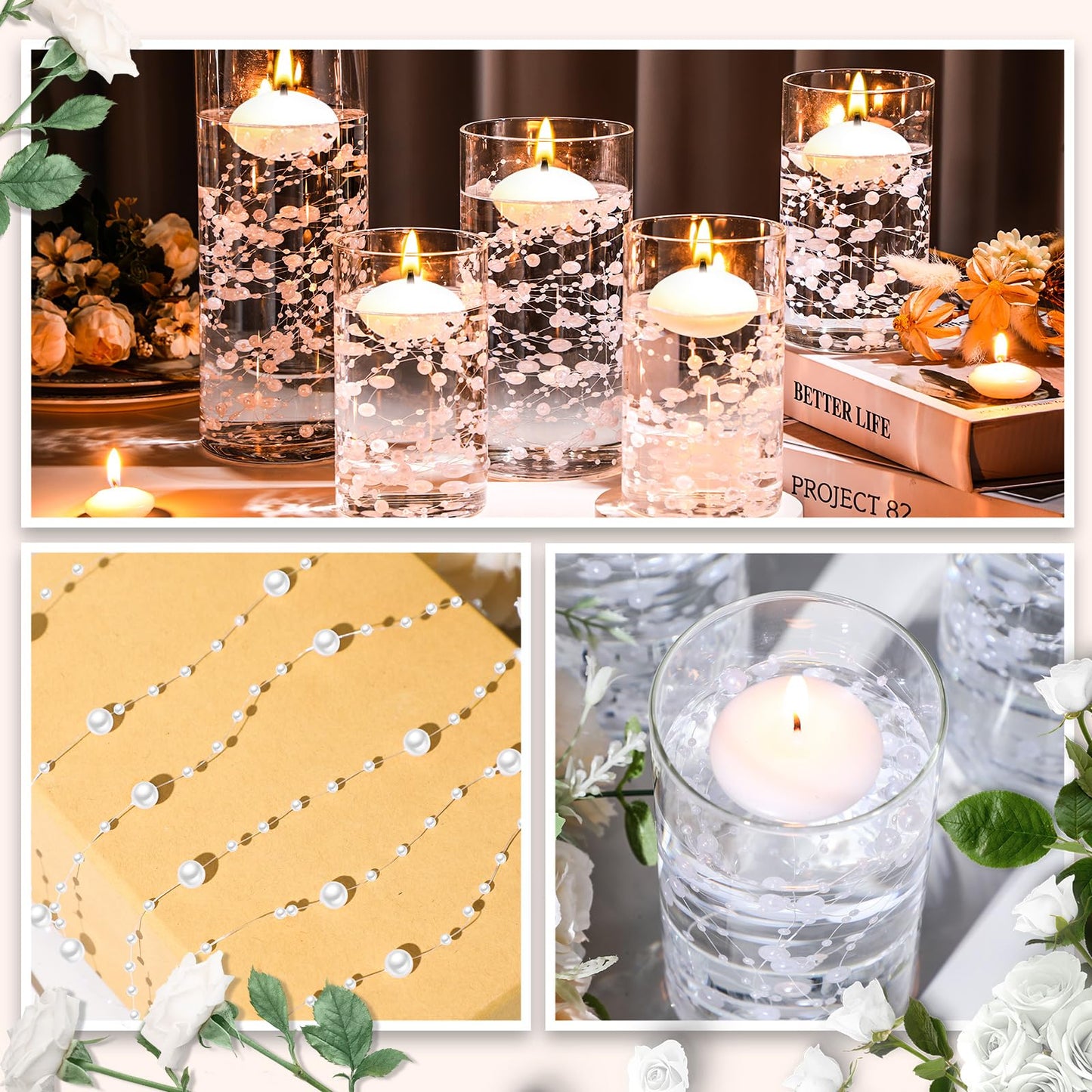 Fumete 40 Pcs White Floating Candles with Pearl Strings, Small Unscented Floating Candles for Wedding Centerpieces, Valentine's Day, Anniversary, Birthday, Elegant Home Decor