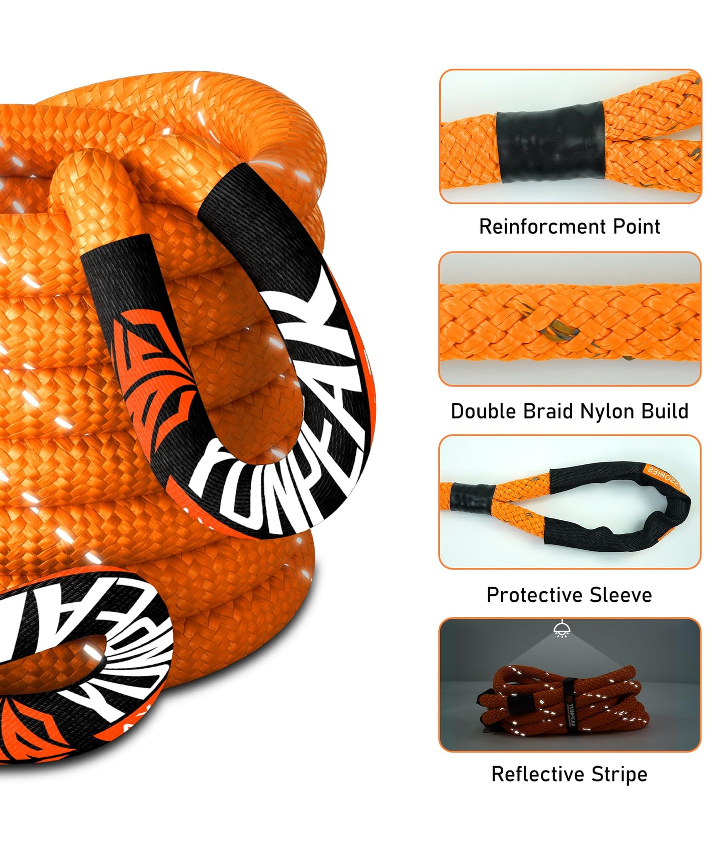 YUNPEAK 1.26" x 30ft Heavy-Duty Kinetic Recovery Rope – 56,000lbs Break Strength – Includes 2 Ultra-Strong UHMWPE Soft Shackles – Ideal for Trucks, SUVs, Jeeps, UTVs, ATVs & Tractors (Orange)