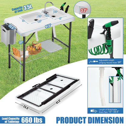 Avocahom Folding Fish Cleaning Table Portable Camping Double Sinks Table w/2 Dual Water Basins, Faucet Drainage Hose & Sprayer Outdoor Fish Fillet Cleaning Station w/Knife, Storage Box,Black