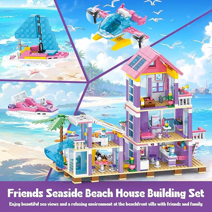 955 Pcs Friends Seaside Villa Building Set Beach House Building Block Toys STEM Creative Vacation Hut Brick Kit with HelicopterSailboatYachtBirthday Gifts for Kids Girls Boys Age 6-12+