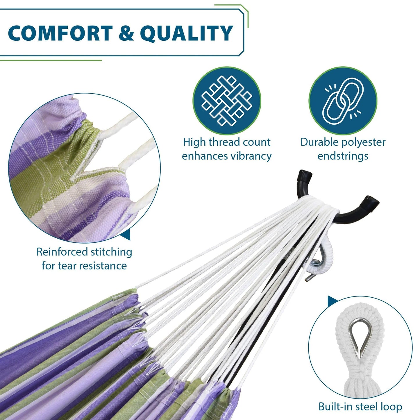 Vivere Double Cotton Hammock with Space Saving Steel Stand, Upgraded Polyester End Strings 450 lb Capacity - Premium Carry Bag Included - USA Grown Cotton (Tranquility)