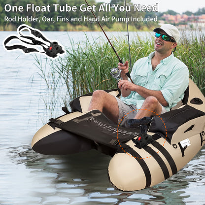 Xproutdoor Fishing Float Tube with Adjustable Backpack Straps, Storage Pockets, Fish Ruler, Fly Fishing Boat with Pump, Oar, Rod Holder and Mount, Fins, 350LBS Load Bearing Capacity, FT003,Khaki